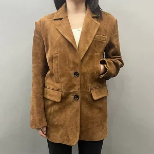 Women Spring Autumn Turn Down Collar Blazer High Quality Ladies Suede Leather Blazer