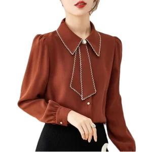 Women Spring Office Lady Shirts Bow Doll Collar Tops Elegant Chiffon Blouse Loose Korean Chic Long Sleeve Casual Shirts