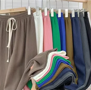 Women Spring Summer Wide Leg Long Pants Women’s Loose Rib Trousers Drawstring High Waist Straight Casual Maxi Pants