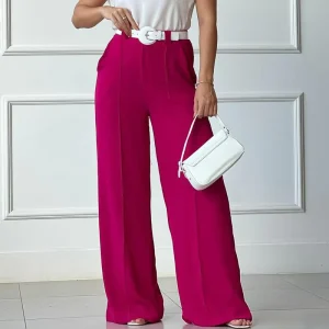 Women Spring and Summer Thin Pants Solid Color Loose Pleated Wide Leg Casual Pants Half Elastic Waist Pants