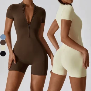 Women Stand Collar Half Zip Short Sleeve One Piece Yoga Bodysuit Fitness Slim Fit Short Workout Romper Jumpsuit
