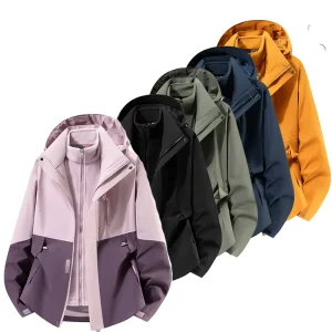 Women Stand Collar Soft Shell Jacket Outdoor Wind Resistant Hiking Camping Fleece Jacket 3 in 1 Set Coat Wear