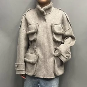 Women Stand Collar Wool Cashmere Coat Mink Fur Trim Winter High Quality Wool Coats