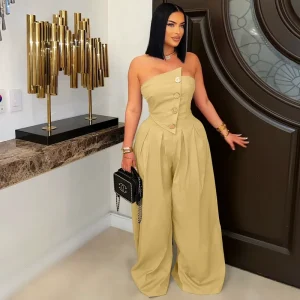 Women Strapless Jumpsuit with Metal Buttons Simple Elegant Wide Leg One Piece Romper Casual Business Office Lady Jumpsuit