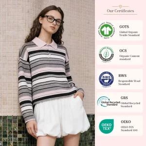 Women Striped Polo Collar Knit Sweater Long Sleeve Color Block Stripe Knitted Pullover 3 Color Options Vintage Casual Knit Top
