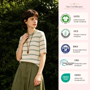 Women Striped Wool Cashmere Blend Knit T-shirt Crew Neck Half Sleeve Soft Basic Knitted Pullover Casual Daily Office Top