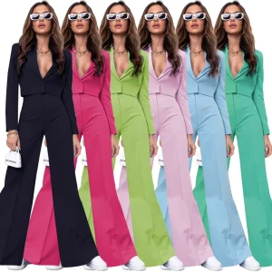 Women Suit Cloth Set Solid Color Short Long Sleeve Small Suit High Waist Wide Leg Pants Suit