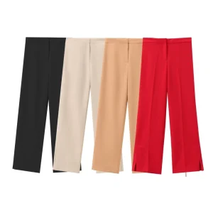 Women Summer Casual Breathable Chiffon Flat Front Leg Slit Straight Tube High Waist Pants