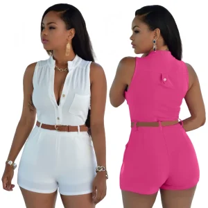 Women Summer Casual Short Jumpsuit Sleeveless Button up Belted Rompers Solid Lady Elegant High Street Jumpsuits