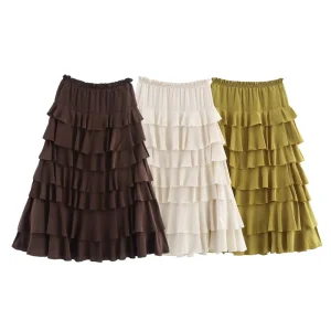 Women Summer Chic Fashion Laminated Embellished Midi Skirt Vintage A line High Waist Casual Skirt