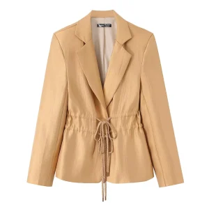 Women Summer Fashion Blazer Casual Drawstring Trimmed Fitted Suit Jacket Single Breasted Female Coat
