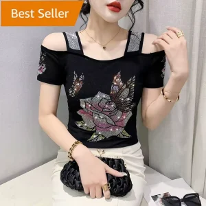 Women Summer Mesh Butterfly Letter Print Rhinestone Shiny Sequined Clothes Tee Tops Nightclub Short Sleeve Shirts Party T shirt