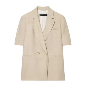 Women Summer New Fashion Blazer Coat Double Breasted Solid Linen Vintage Casual Short Sleeve Female Outerwear Chic