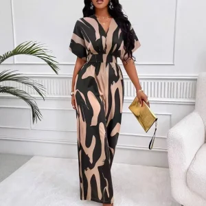 Women Summer New Short Sleeve Printed Rompers Women Super Soft Onesie Waist Rompers Fashion Wide Legs Jumpsuit