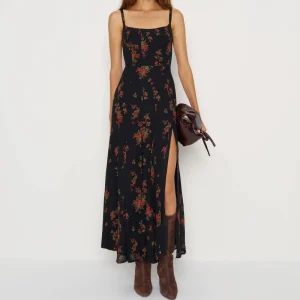 Women Summer Print Floral Beach Vacation Dress With Side Slip Women’s Elegant Strap Maxi Dress
