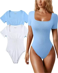 Women Summer Ribbed Jumpsuits Square Collar Short Sleeve Stretchy Romper One Piece Lady Yoga Casual Slim Jumpsuit