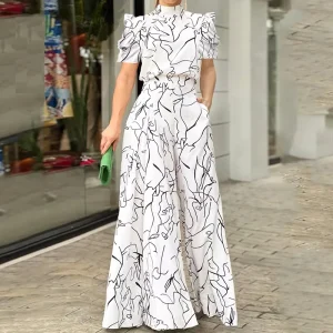 Women Summer Short Sleeve Stand Collar Jumpsuits Printed Loose Wide Leg Long Pants Lady Elegant Slim Casual Jumpsuit