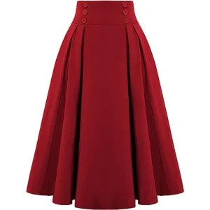 Women Summer Spring Pleated Skirt High waisted Casual A line Mid length Skirt with Pocket Button Decoration