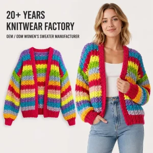 Women Sweater Cardigan Hand Crochet Look Solid Color Front Button Streetwear Casual Knit