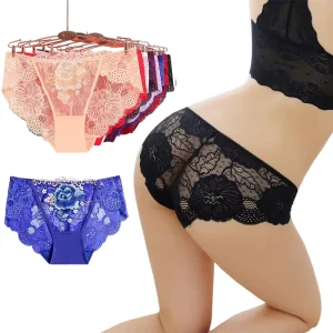 Women Thin Knitted Waist Low Rise Sexy Floral Lace Embroidery Bikini Panties Quick Dry Breathable Spandex Nylon Underwear
