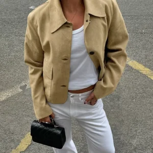 Women Turn Down Collar Button Suede Short Sweet Style Casual Custom Winter Jackets Coats