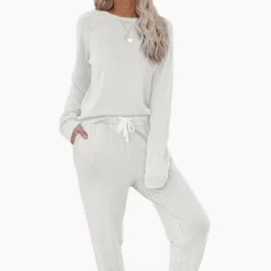 Women Two Piece Loungewear Set Long Sleeve Pullover Top Drawstring Pants Soft Home Wear