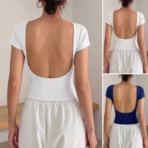 Women U Backless Short Sleeve TShirt Solid Color Scoop Neck Slim Fit Bodycon Top Summer Casual Y2K Streetwear Back Cut Out Tee