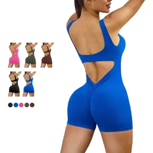 Women U Neck High Waist Yoga Set Open Back Abdomen Fitness Sportswear Gather Scrunch Butt Running Jumpsuit