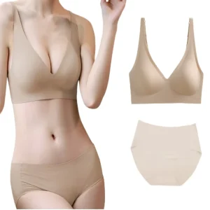 Women Underwear Breathable V Neck Wireless Lingerie Seamless Padded Bra Panty Adjustable Straps Comfortable Bra Set