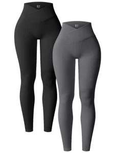 Women V Cross High Waist Ribbed Yoga Leggings Butt Lifting Stretch Skinny Pants Solid Color Workout Gym Running Fitness Sports