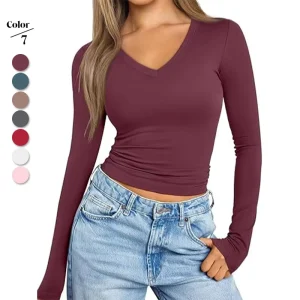 Women V Neck Long Sleeve Cropped Top OEM Private Label Activewear Gym Fitness Top