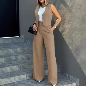 Women Vest Suit Single Breasted V neck Vest + High Waist Pocketed Wide Leg Pants Lady Summer Casual Two Piece Suit