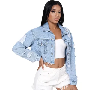 Women Vintage Denim Jacket Worn Distressed Stain Ripped Frayed Hem Crop Hole Denim Jackets for Ladies