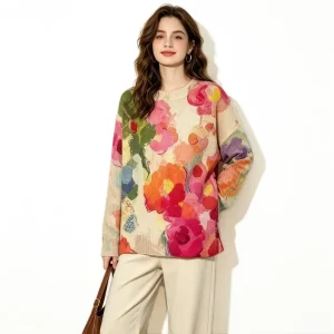 Women Vintage Watercolor Floral Allover Print Knit Sweater Drop Shoulder Oversized Crew Neck Casual Long Sleeve Pullover