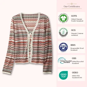 Women Wavy Color Striped Knit Cardigan V Neck Front Tie Long Sleeve Hollow Out Cropped Knitted Jacket OEM Factory