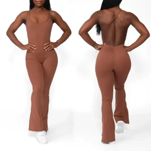 Women Wide Leg Jumpsuits Elegant Slim Backless Square Neck Flared Pants One Piece Jumpsuits for Women