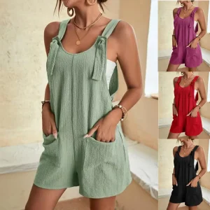 Women Wide Leg Overalls Casual Adjustable Strap Sleeveless Double Pocket Jumpsuits Sexy Loose Daily Rompers