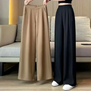 Women Wide Leg Pants Pocketed Solid Color Thin Breathable Casual Pants Office Lady High Waist Straight Trousers