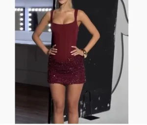 Women Wine Red Shiny Sequins Mini Dress Square Neck Sleeveless Pleated Hem Summer Street Party Solid Lady Vestidos