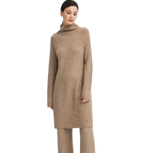 Women Winter Casual Sweater Set Wool Cashmere Wide Ribbed Knit Soft Cloud Pants