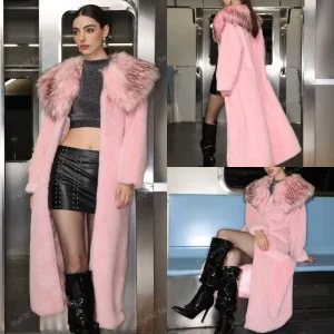Women Winter Clothes Pink Faux Fur Long Faux Fur Coat Mink Women’s Mid-Length Fur Woolen Collar Cardigan Coats for Ladies