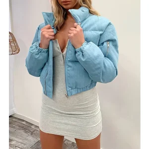 Women Winter Fashion Designer Custom Covered Button Bomber Jacket Woven Reversible Breathable Eco Friendly Puffer Crop