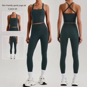 Women Yoga Workout Set Criss Cross Back Sports Tank Top and High Waist Tight Yoga Leggings Fitness Set