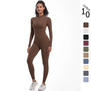 Women Zipper Long Sleeve Leggings Yoga Jumpsuits Gym Fitness Nude BodySuits Workout Clothes Sportswear Tracksuits Shapewear