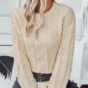 Women s Solid Color Twist Knot Pullover Retro Loose Long Sleeve Knitwear