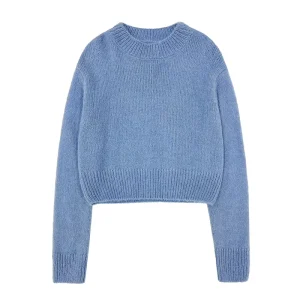 Women’S Clothing Fashion Short Knitted Sweater Custom Wool Retro Crew Neck Long Sleeve Casual Female Sweater