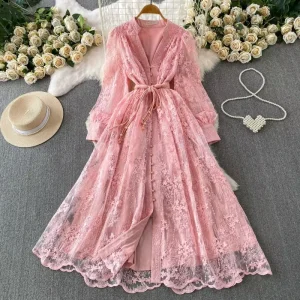 Women’S Dresses French Sweet Vintage V-Neck Lantern Sleeve Embroidered Breasted Waist-Defining A-Line Clothes Women Dress