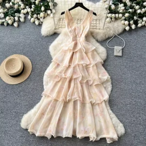 Women’S Dresses Sweet V-Neck Floral Sleeveless Ruffle Tiered Elegant Fashion Print Women Casual Dress