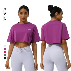Women’s 100% Cotton Fitness Top Loose Breathable Athletic Wear Crop Top Round Neck Women Sports Yoga Sleeve Loose T Shirts Tops