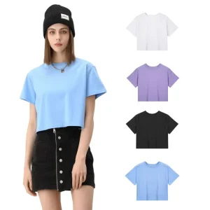 Women’s 100% Cotton Knitted Cropped T Shirts Custom Logo Summer Workout Yoga Crop Top Short Sleeve Solid Color Casual Athletic